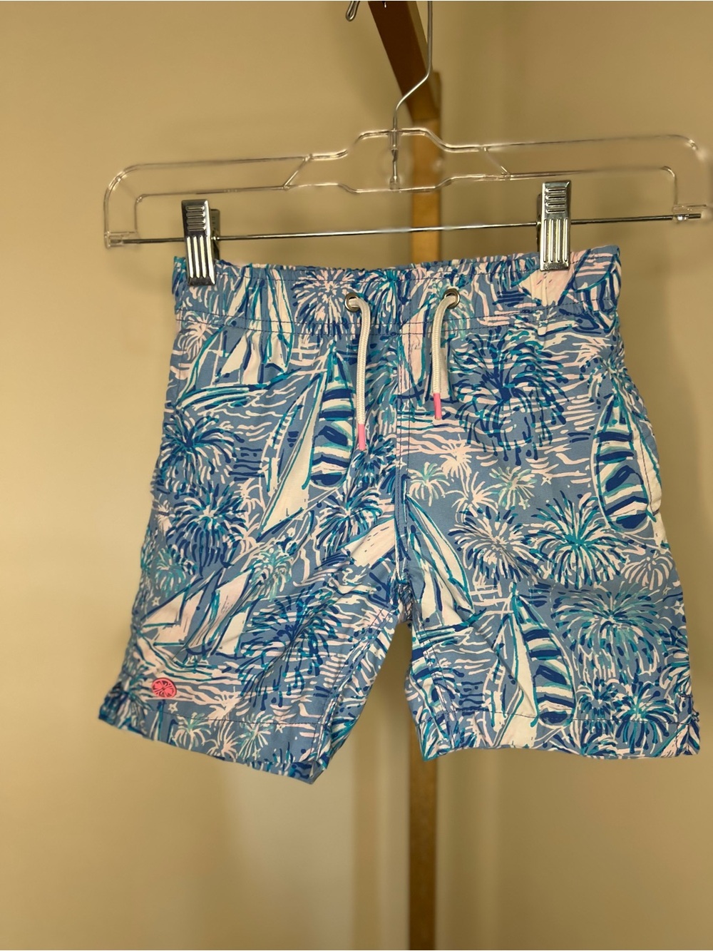 Lilly Pulitzer Blue & Pink Sailboat and Palm Swim Trunks Size XS 2-3